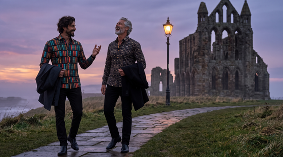 What to wear to Whitby Goth Weekend: two men reach the abbey headland at dusk - British Pakistani man in The Library print shirt, silver-haired Yorkshireman in The Timekeeper print shirt