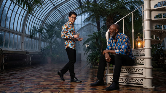 Skull and butterfly print shirt men: two friends at dusk in a Victorian palm house - Black British man, 50s, in Skull and Butterfly print shirt; East Asian man, 30s, in Butterfly Bloom print shirt