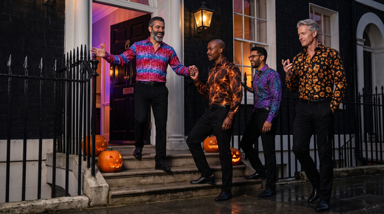 Halloween party without a costume, men: 4 friends at a Canonbury townhouse door at night - Mediterranean host in Skull Flocking, Black British man in Lightning Bolt, South Asian man in Circuit Board, Nordic man in High Roller Dice