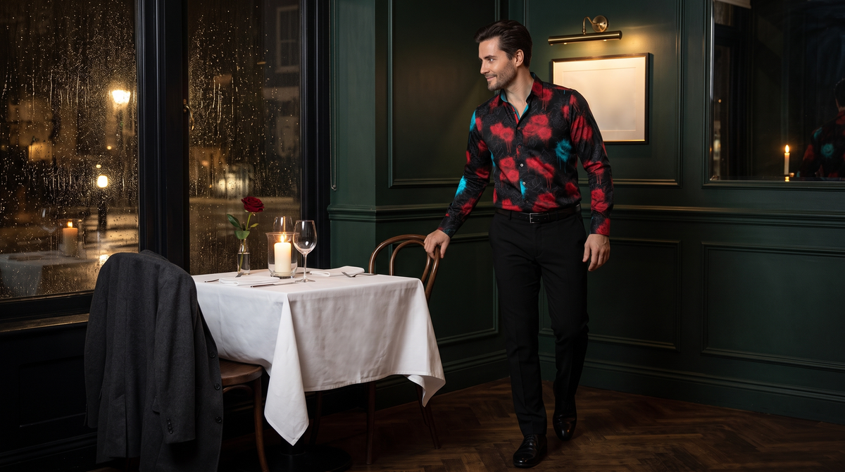 Halloween date night outfit men: Turkish-Cypriot British man 38, dark swept-back hair, cropped beard, in the Vivid Bleeding Blooms shirt, hand on the second chair at a candlelit Mayfair restaurant corner, rain on the window