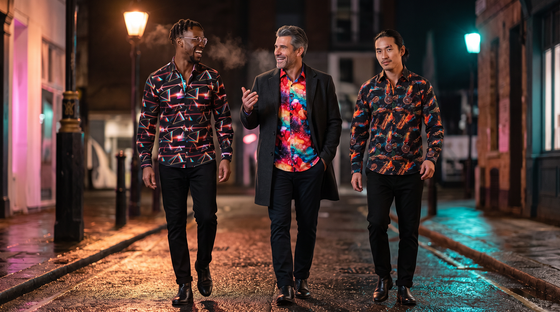 Halloween in London what to wear men: three friends crossing wet Soho at night - Nigerian-British 31 twists glasses in Prism Spectrum, Sicilian 47 grey hair in Oil Liquid Bubble, Vietnamese-British 36 topknot in Paint Splash