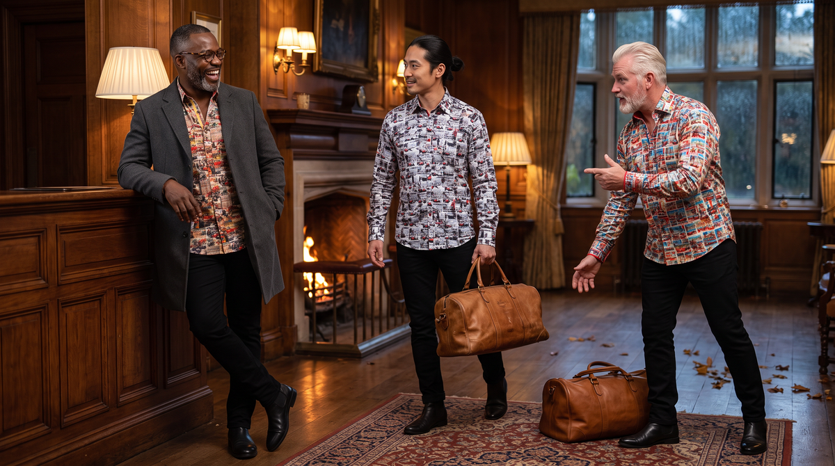 Halloween weekend away packing list for men: three friends in a country-house hotel lobby - Nigerian-British 47 glasses in Monaco Montage, Japanese 34 tied-back hair in Monaco Heritage, Scottish 55 white hair in Monaco Riviera