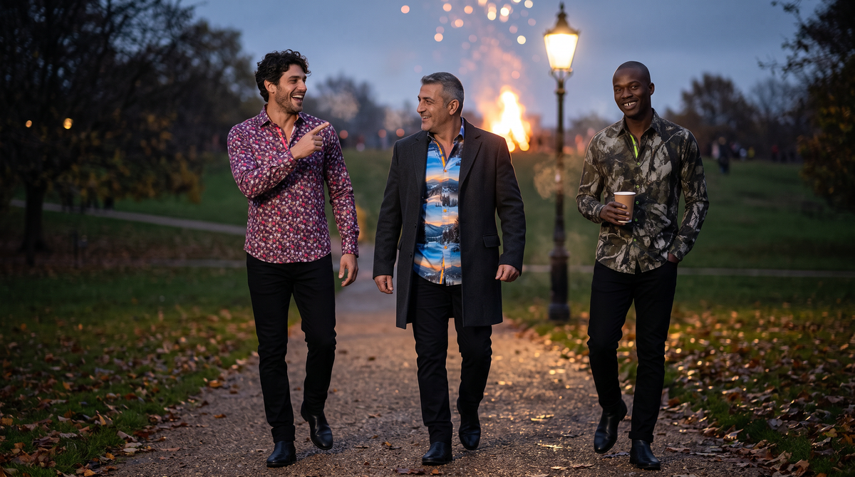 What to wear on Bonfire Night: three friends on a lamplit Primrose Hill path - Brazilian-British 38 curly hair in Cappadocia Balloons, Turkish-Cypriot 52 grey crop in Alpine Sunset, Sierra Leonean 29 shaved head in Woodland Camo