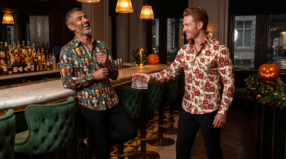 Halloween or Christmas shirt: hotel bar at night; Sri Lankan-British man, 47, grey-flecked beard, in Antique Porcelain Vase shirt; Scottish man, 38, copper hair, in Heritage Poppy shirt