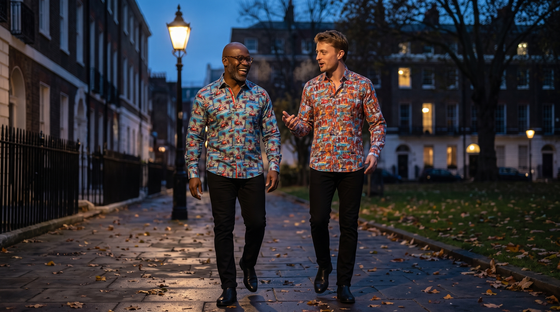 What to wear after the clocks go back: Bloomsbury square at dusk; Ghanaian-British man, 46, shaved head, glasses, Vintage Grand Prix Poster print; Welsh man, 31, ginger hair, London Lifestyle print