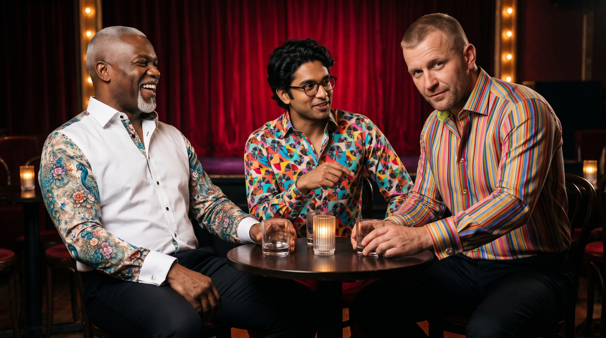 Cabaret night outfit for men: Soho table before the show; Nigerian-British man 52 silver goatee, Peacock Feather shirt; Sri Lankan-British man 34 glasses, Vintage Disc; Polish-British man 41 buzz cut, Bold Stripe