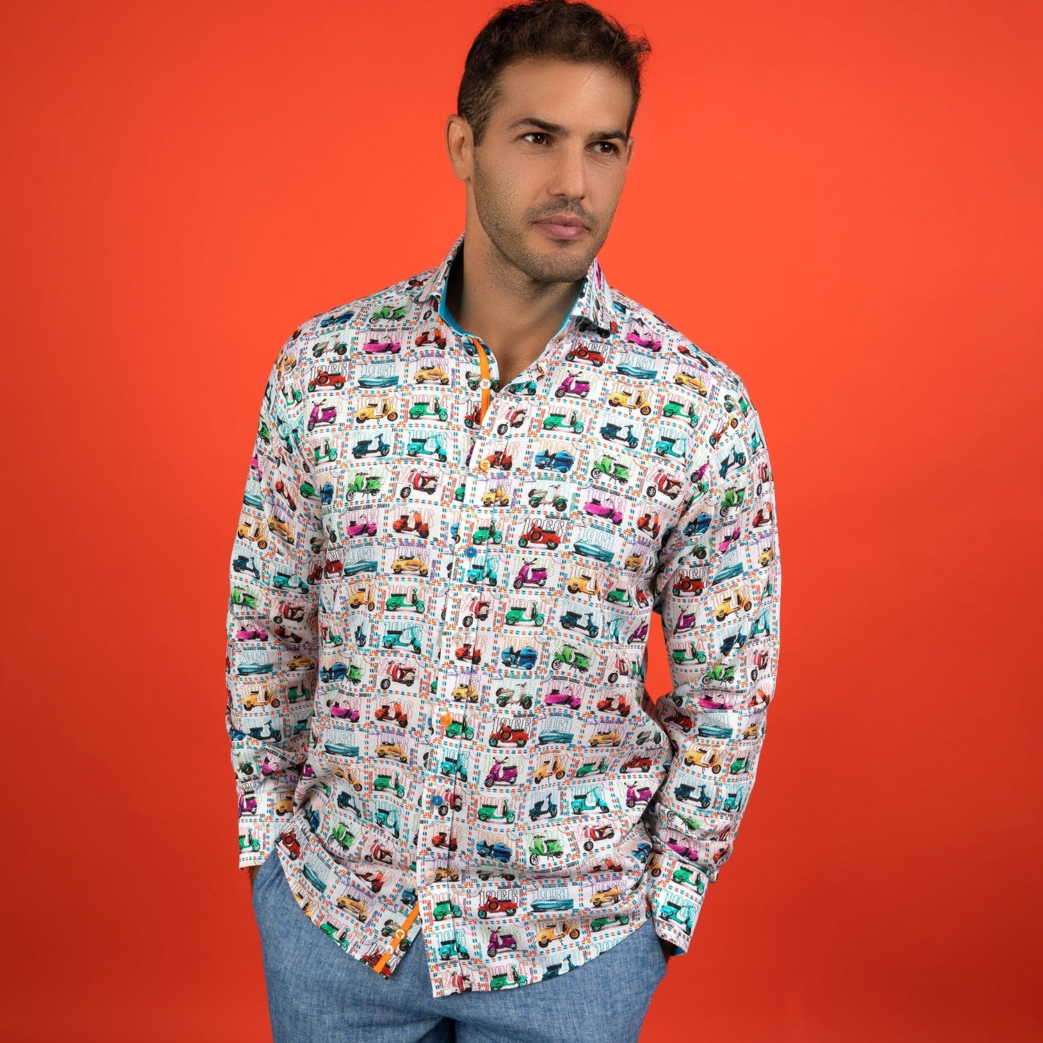 VESPA STAMP OXFORD FABRIC PRINT SHIRT