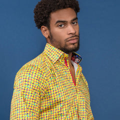 Man wearing Claudio Lugli Houndstooth Multicolour Printed Shirt against blue background