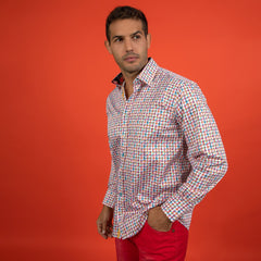 Man wearing Houndstooth Multicolour Printed Shirt by Claudio Lugli, vibrant kaleidoscope pattern, luxurious satin cotton, stylish and sophisticated