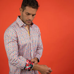 Man wearing Claudio Lugli Houndstooth Multicolour Printed Shirt with floral cuff, showcasing vibrant and sophisticated style.