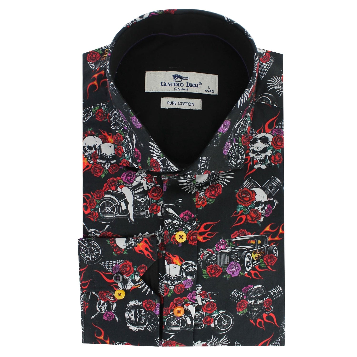 RETRO SKULLS & ROSES TATTOO PRINT SHIRT