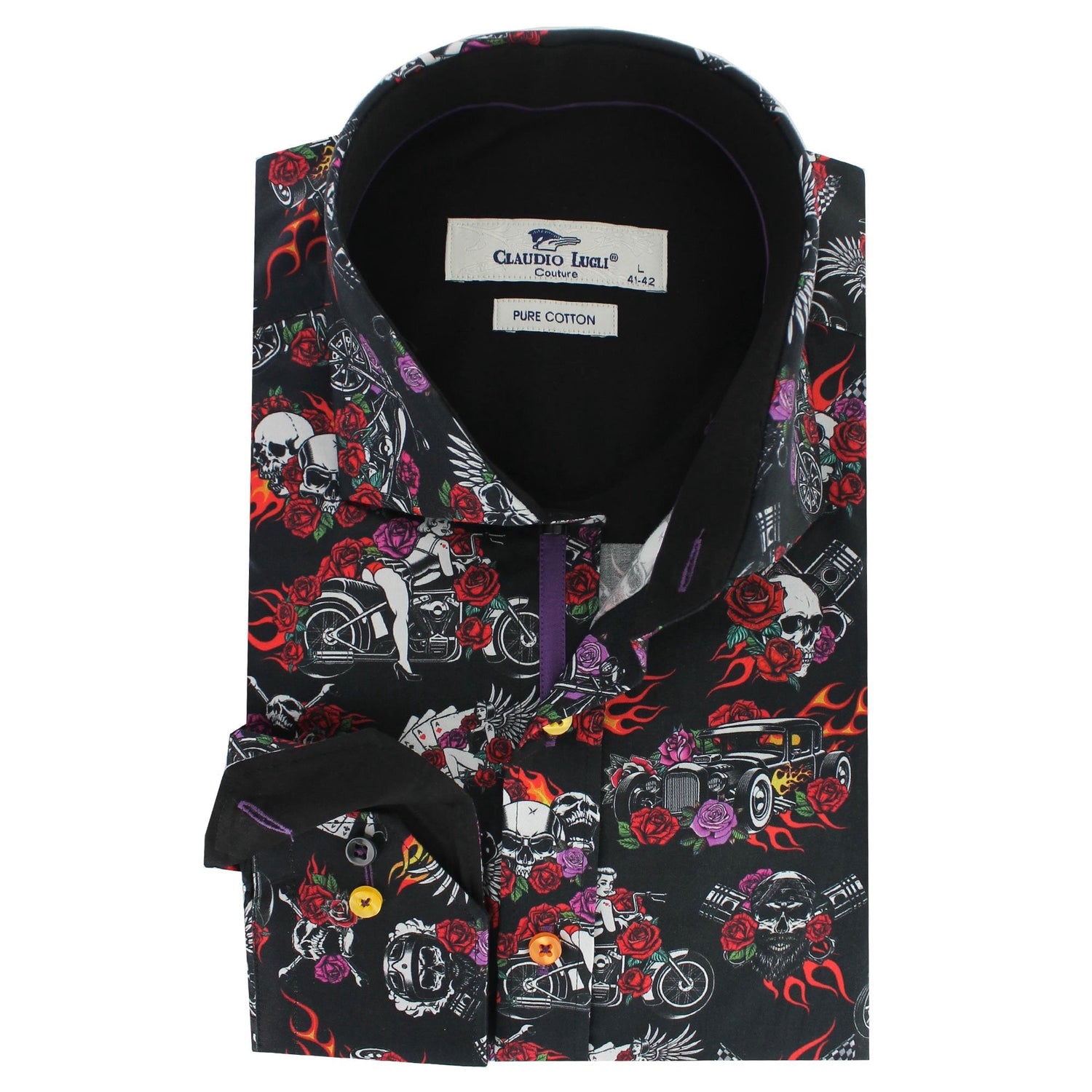 RETRO SKULLS & ROSES TATTOO PRINT SHIRT