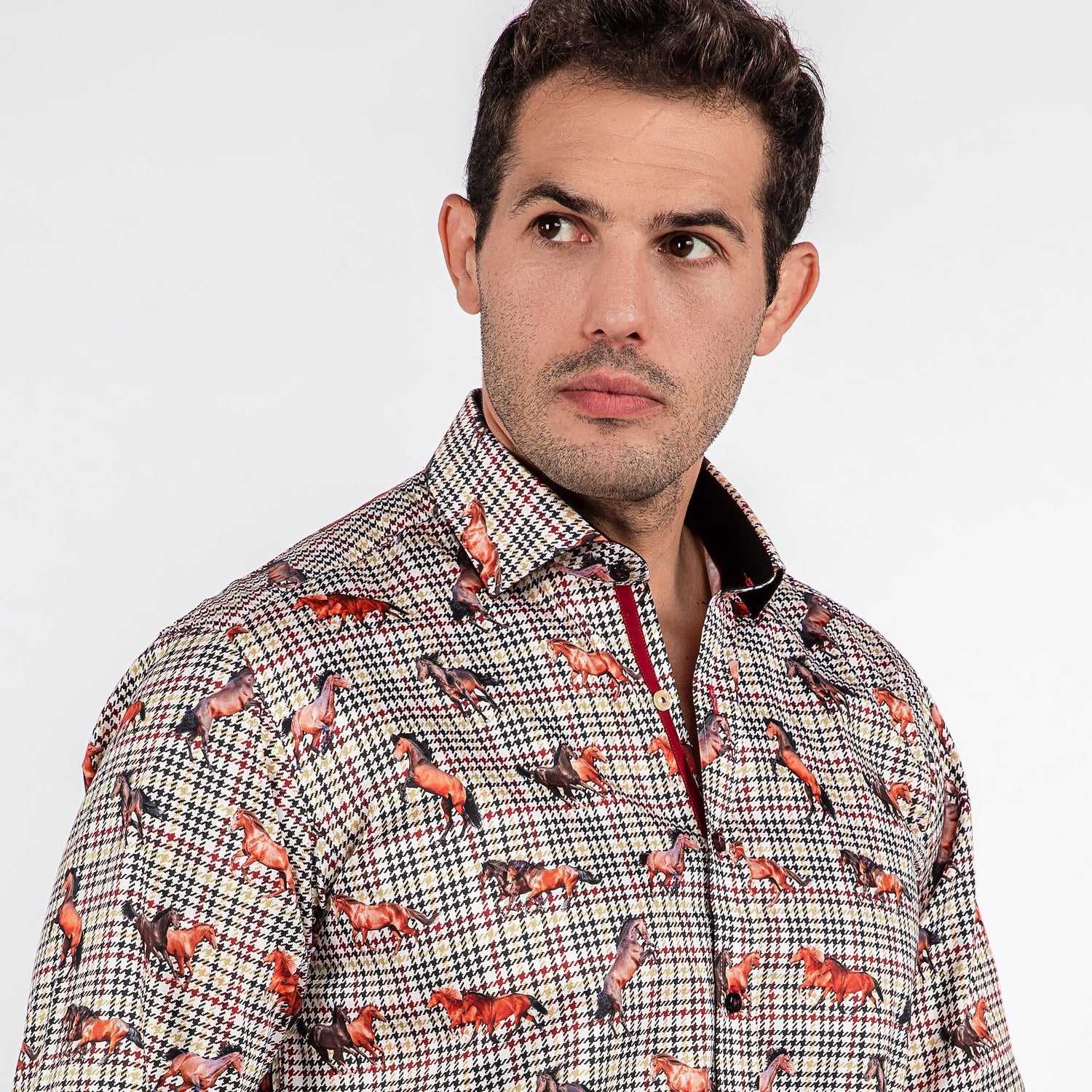 PLAID HOUNDSTOOTH MUSTANG PRINT SHIRT