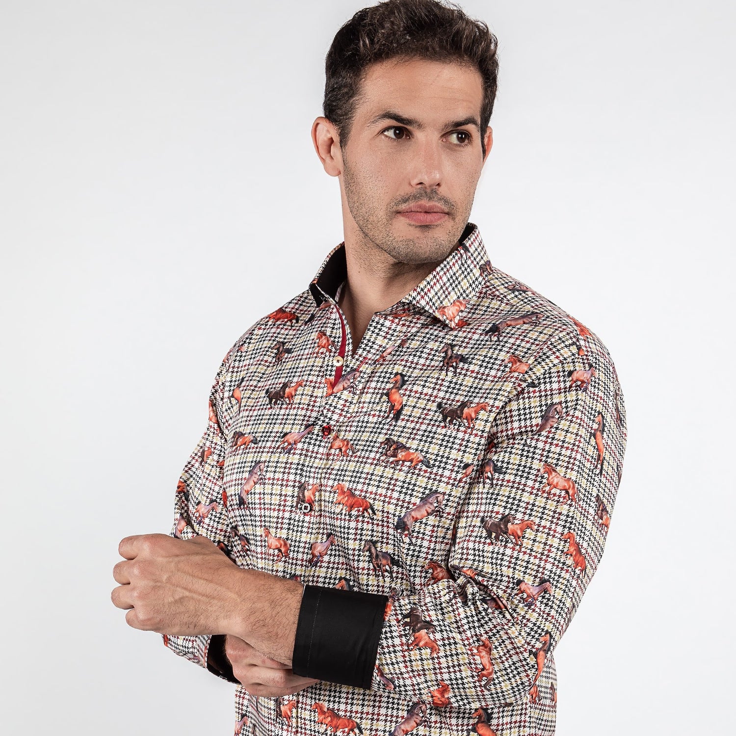 PLAID HOUNDSTOOTH MUSTANG PRINT SHIRT