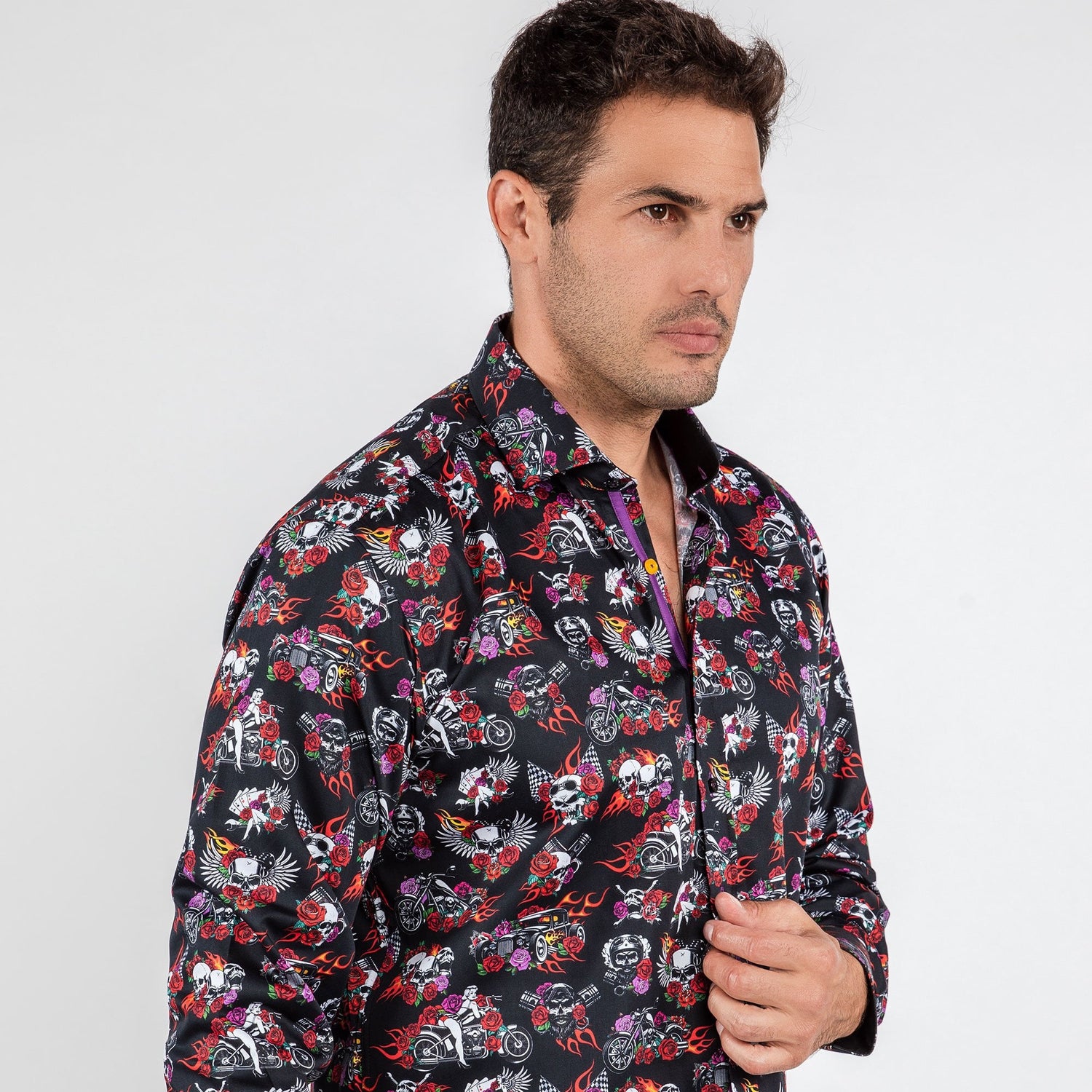 RETRO SKULLS & ROSES TATTOO PRINT SHIRT