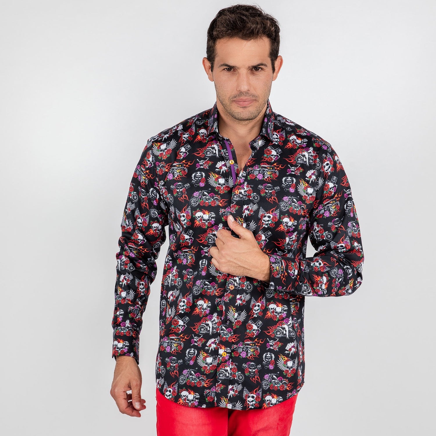 RETRO SKULLS & ROSES TATTOO PRINT SHIRT