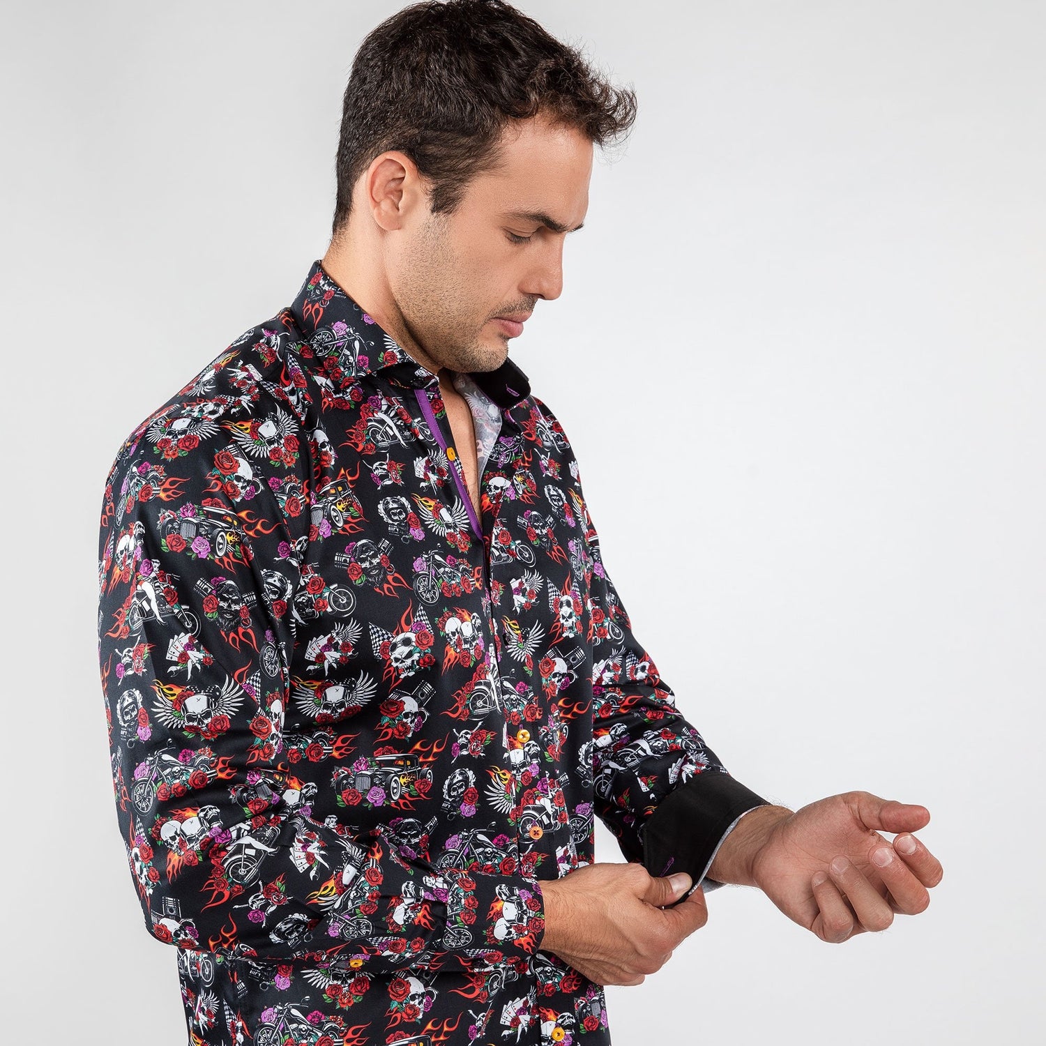 RETRO SKULLS & ROSES TATTOO PRINT SHIRT