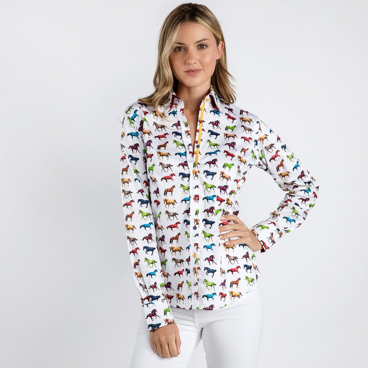 MULTI COLOURED GALLOPING HORSES WOMENS  PRINT SHIRT