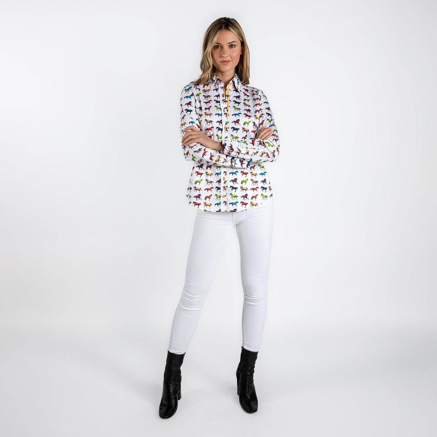 MULTI COLOURED GALLOPING HORSES WOMENS  PRINT SHIRT