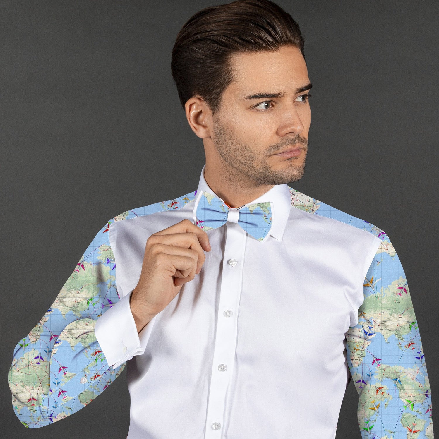 FLIGHT MAP PRINTED TUXEDO SHIRT WITH BOWTIE