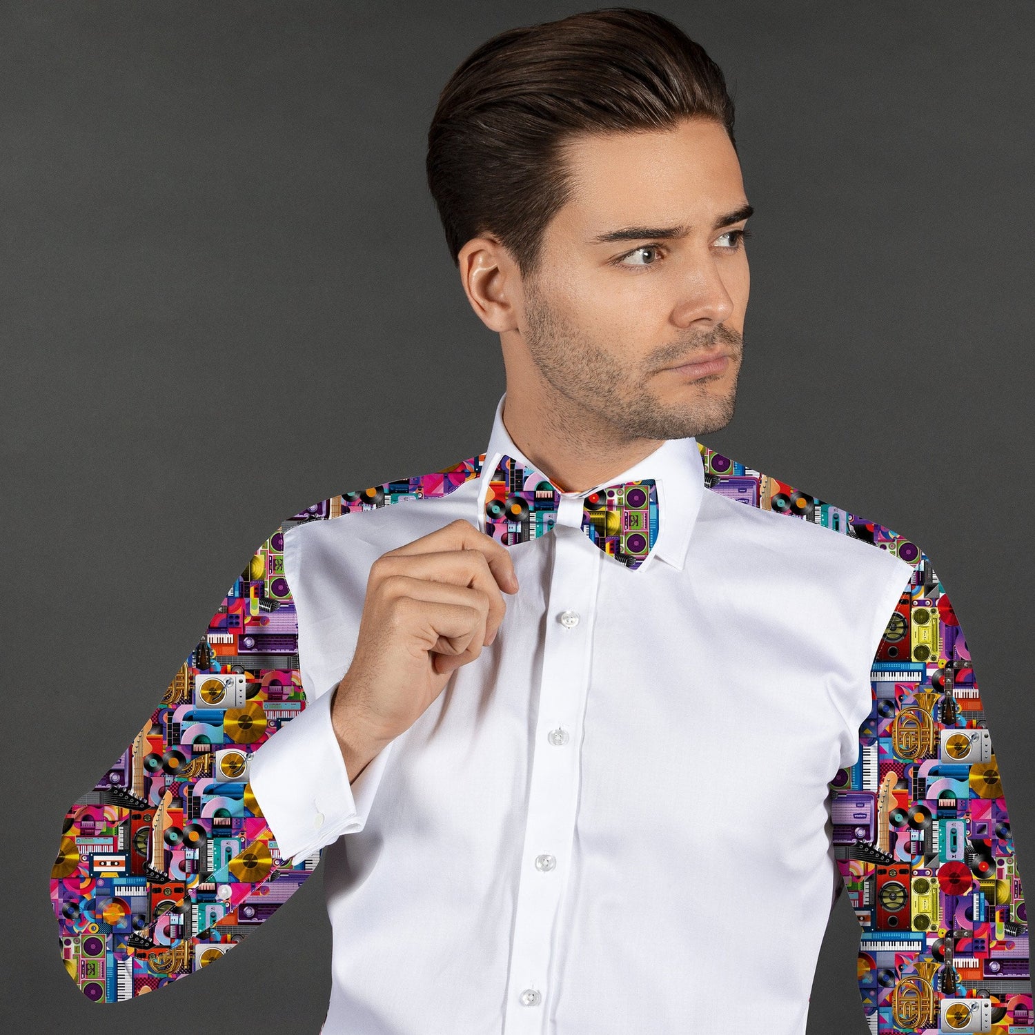 MUSICAL INSTRUMENT PRINTED TUXEDO SHIRT WITH BOWTIE