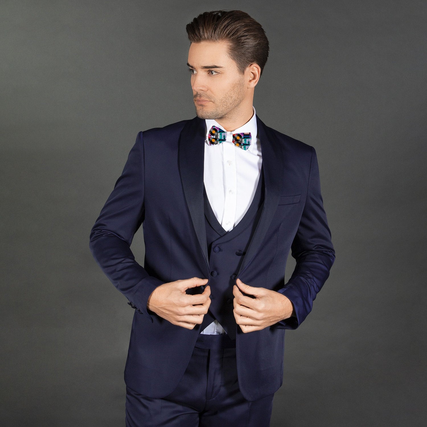 MUSICAL INSTRUMENT PRINTED TUXEDO SHIRT WITH BOWTIE