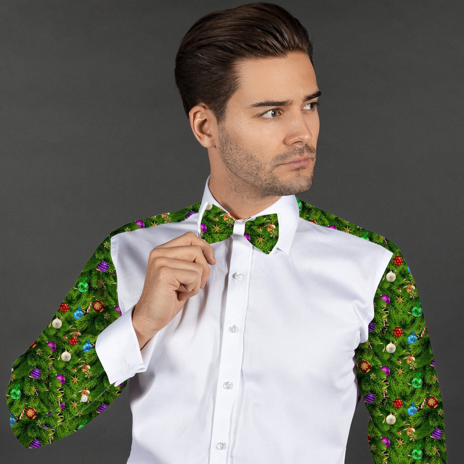 XMAS TREE PRINTED TUXEDO SHIRT WITH BOWTIE