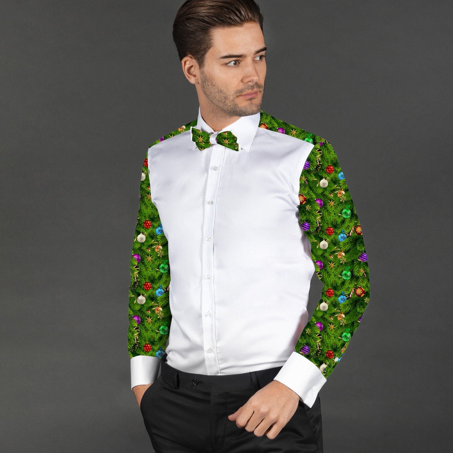 XMAS TREE PRINTED TUXEDO SHIRT WITH BOWTIE