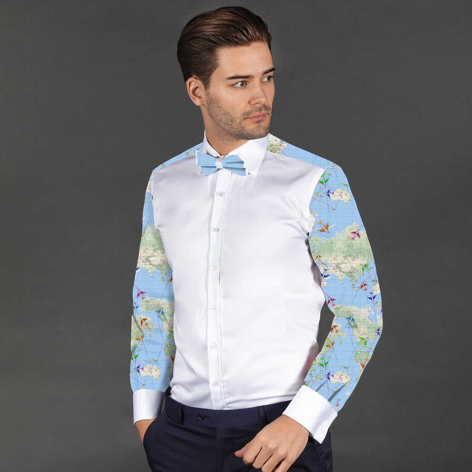 FLIGHT MAP PRINTED TUXEDO SHIRT WITH BOWTIE