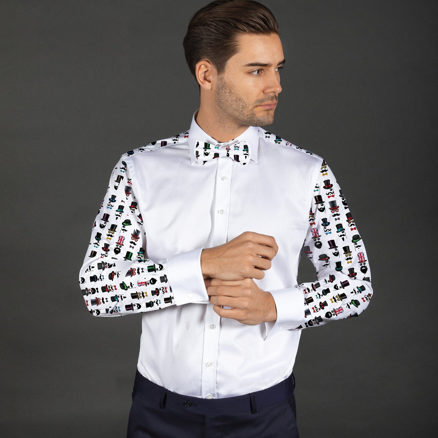 MUSTACHE MAN PRINTED TUXEDO SHIRT WITH BOWTIE