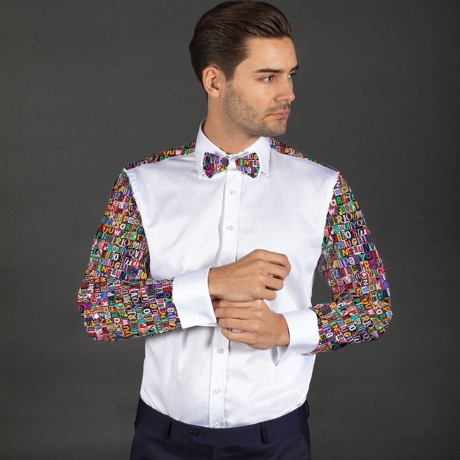 RANSOM TEXT PRINTED TUXEDO SHIRT WITH BOWTIE