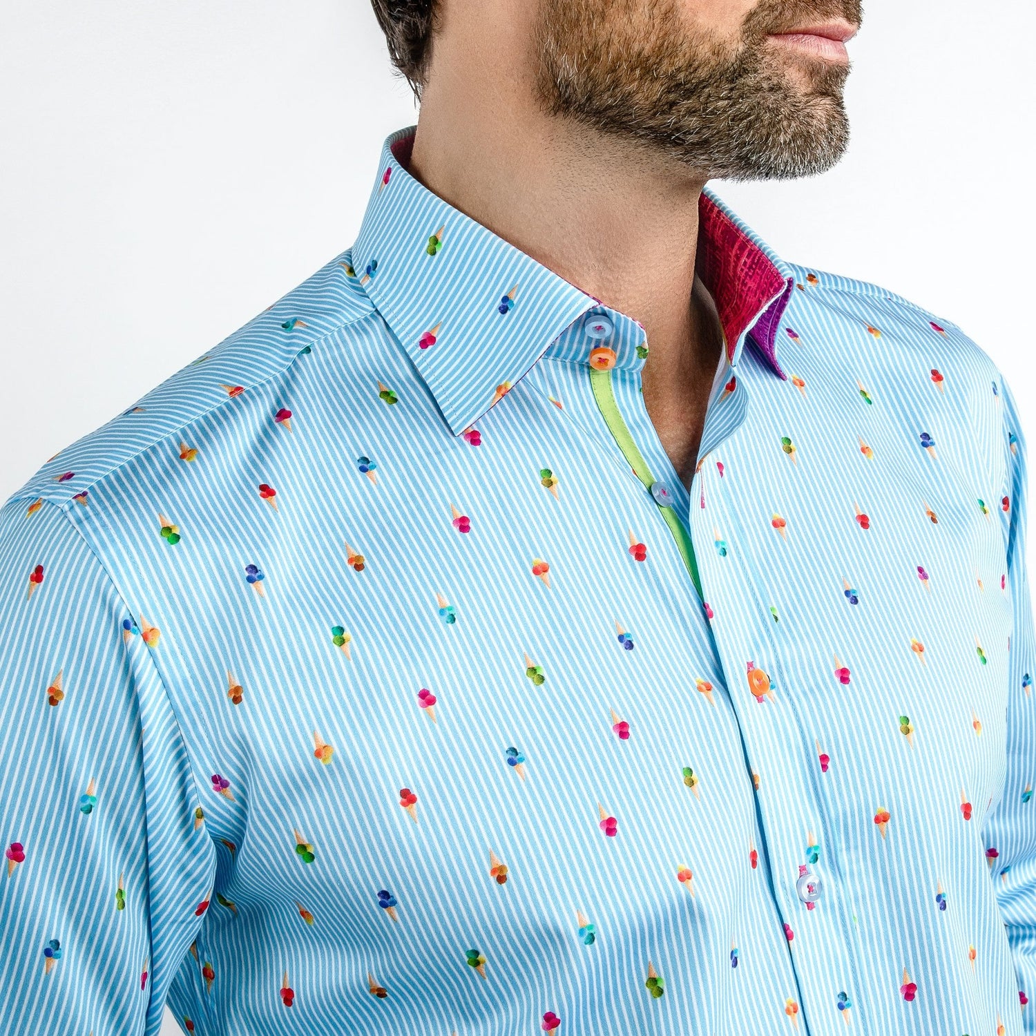 GELATO CONES ON PIN STRIPE PRINT SHIRT