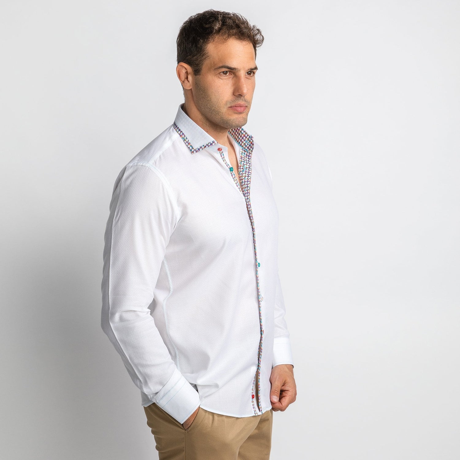 TEXTURED WHITE CLASSIC SHIRT WITH HOUNDSTOOTH TRIM