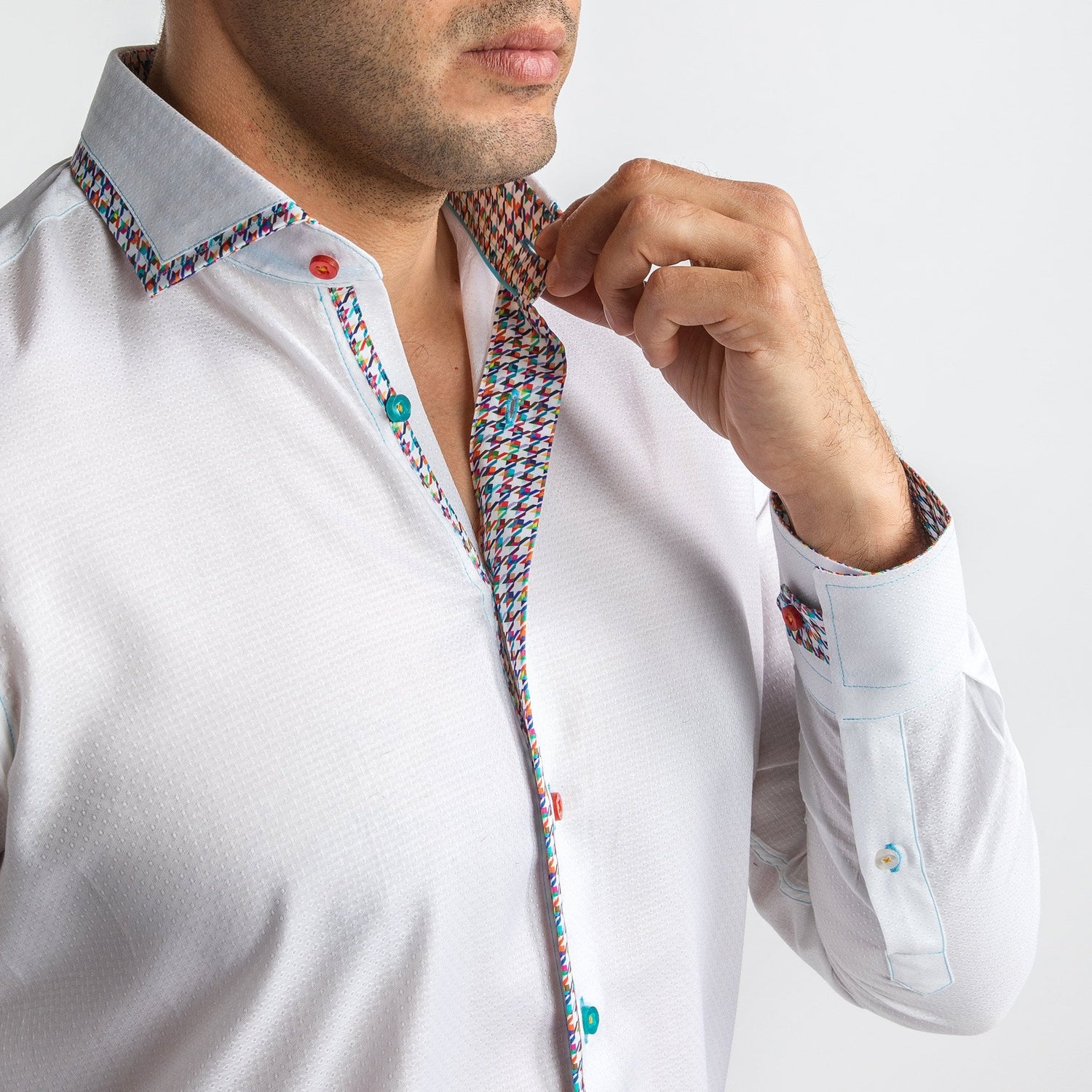 TEXTURED WHITE CLASSIC SHIRT WITH HOUNDSTOOTH TRIM