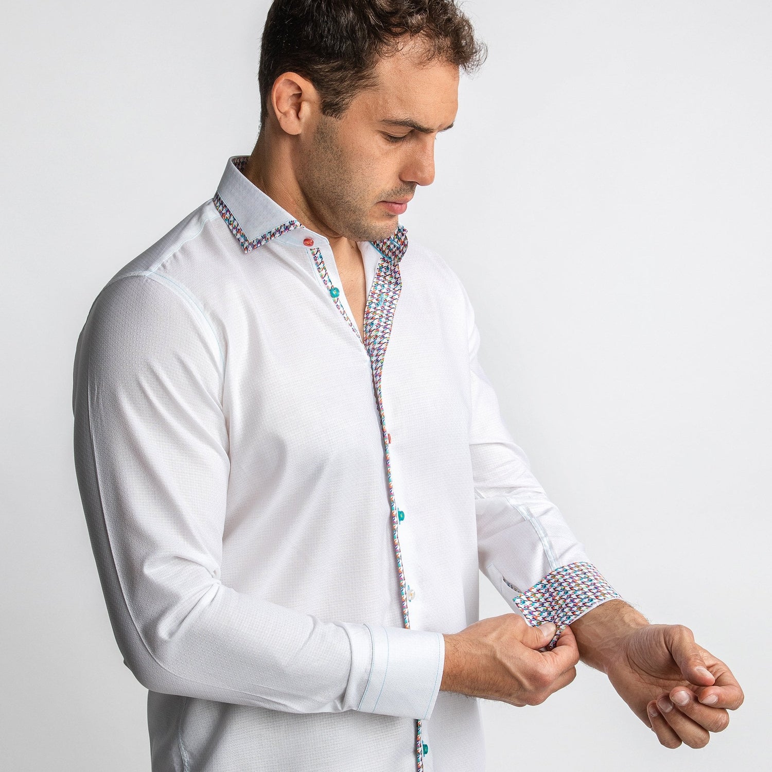 TEXTURED WHITE CLASSIC SHIRT WITH HOUNDSTOOTH TRIM