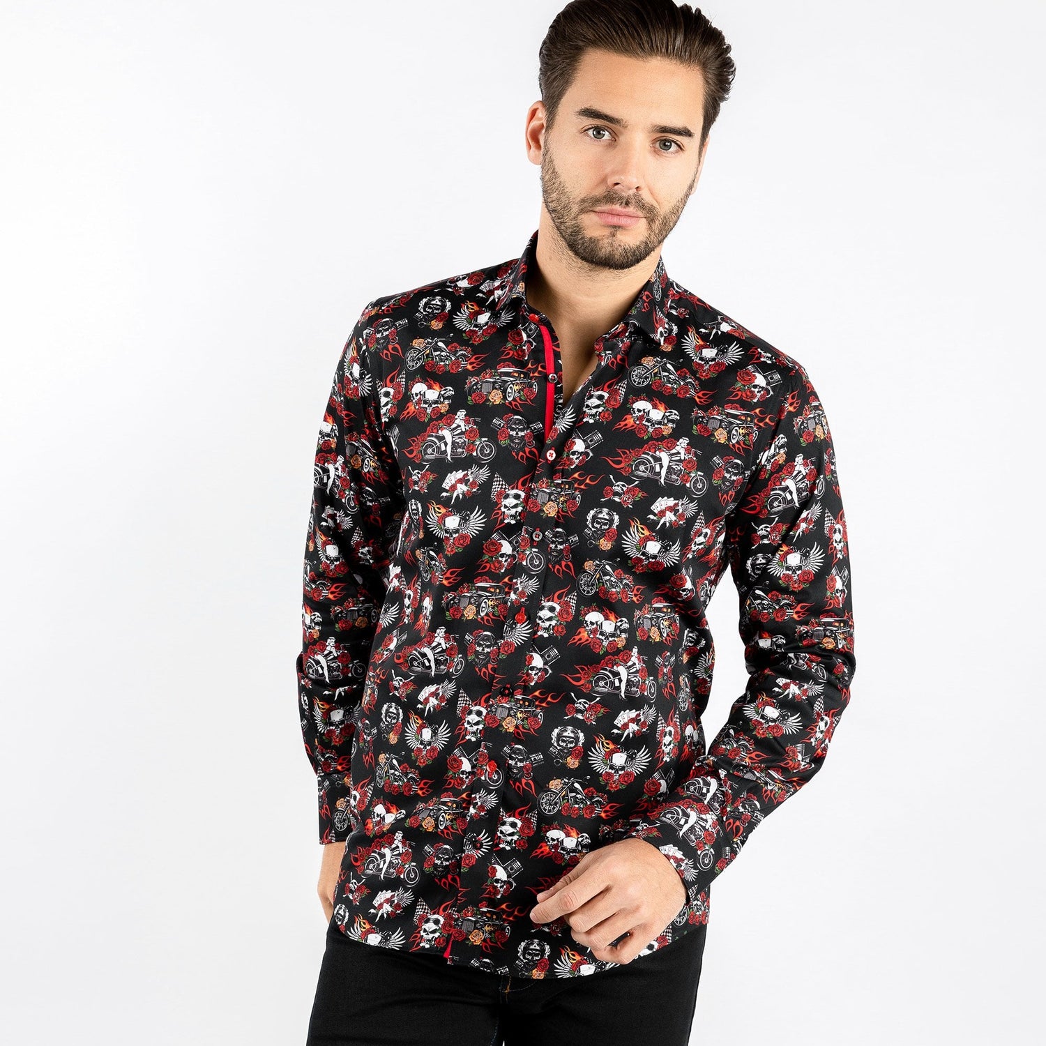 SKULL ROSES TATTOO AND FLAMES PRINT SHIRT