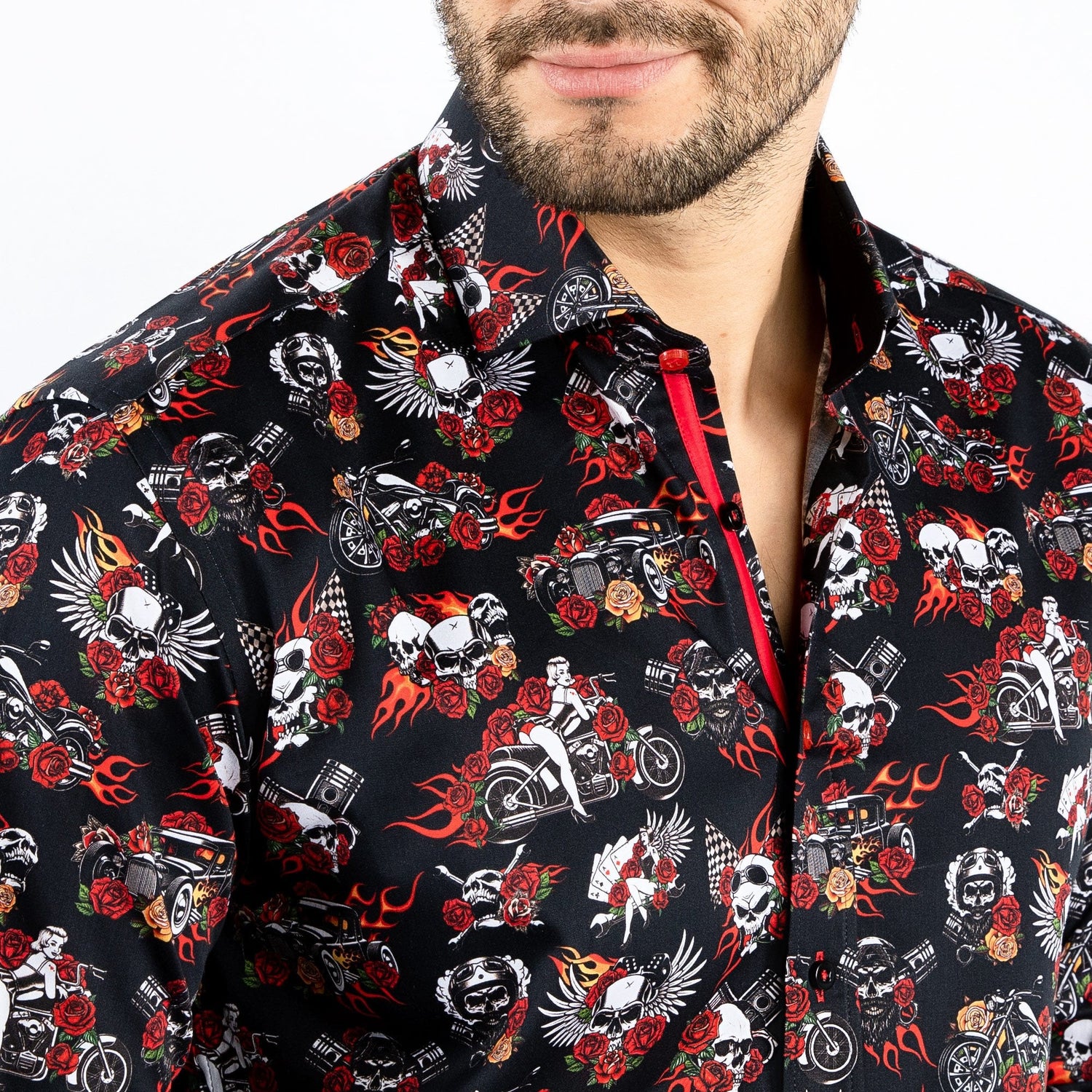 SKULL ROSES TATTOO AND FLAMES PRINT SHIRT