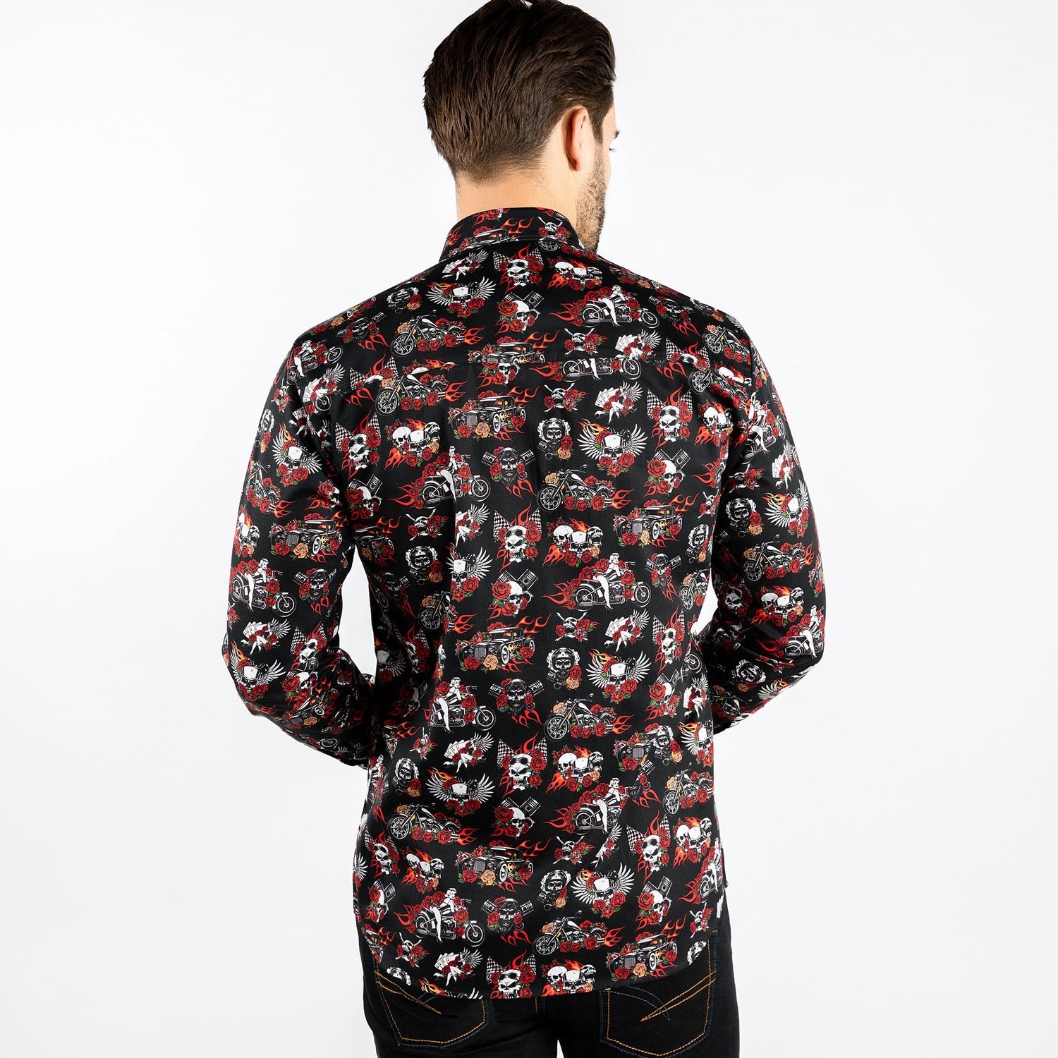 SKULL ROSES TATTOO AND FLAMES PRINT SHIRT