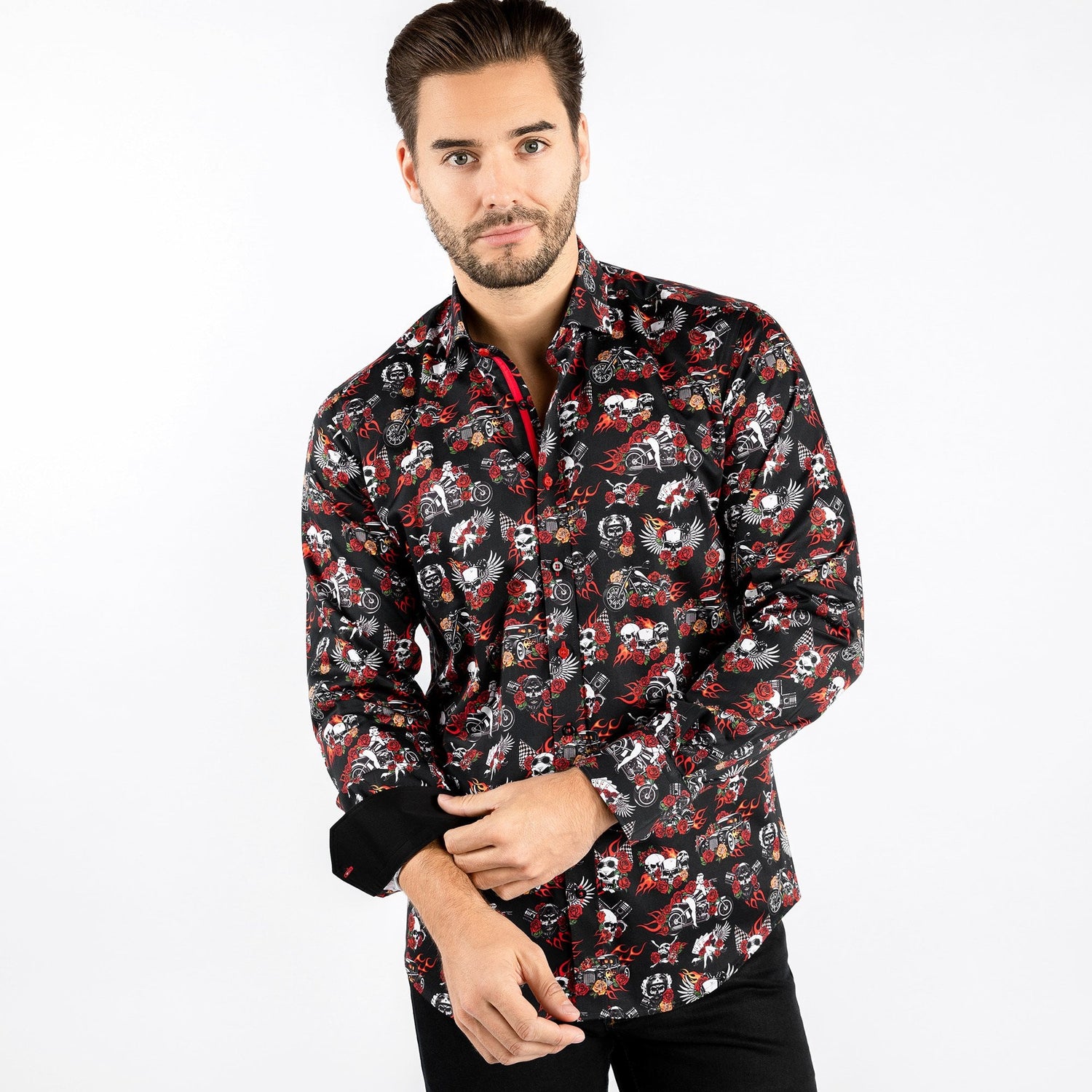 SKULL ROSES TATTOO AND FLAMES PRINT SHIRT