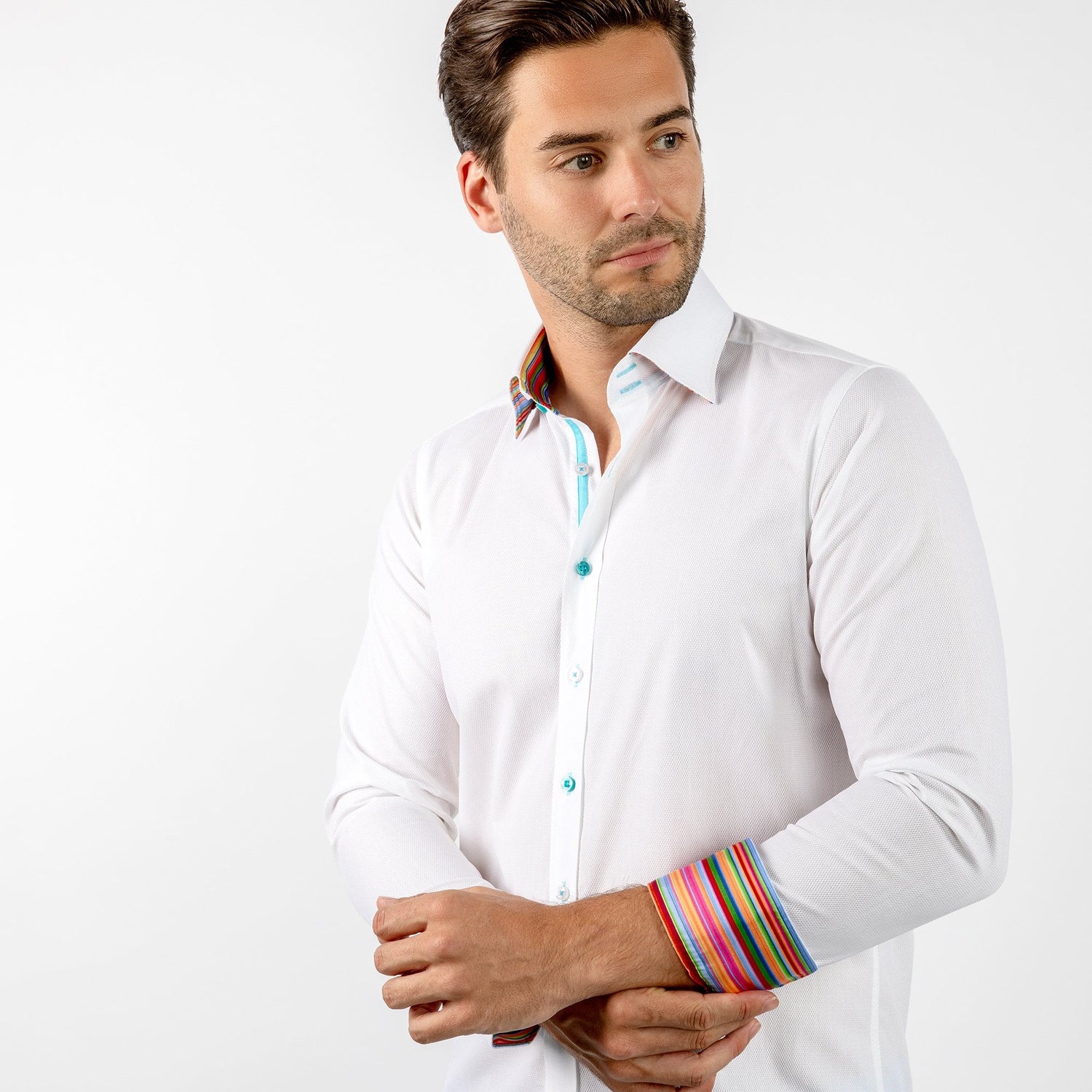 DOBBY COTTON CLASSIC SHIRT WITH RAINBOW STRIPE INSERT