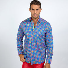 Man wearing Claudio Lugli Houndstooth Multicolour Printed Shirt with vibrant colors and sleek finish.