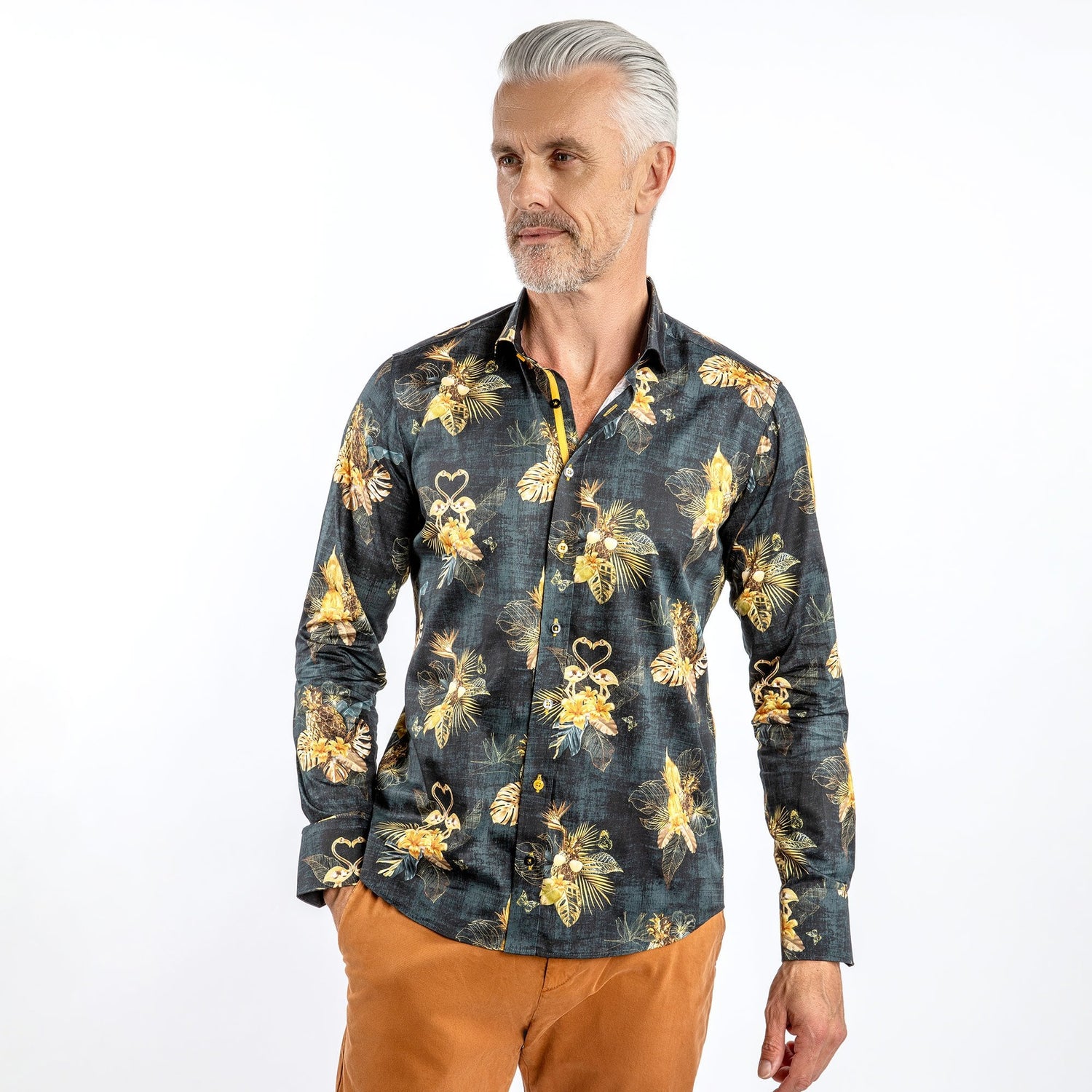 FLAMINGO PSYCHO-TROPICAL JUNGLE AT NIGHT PRINT SHIRT