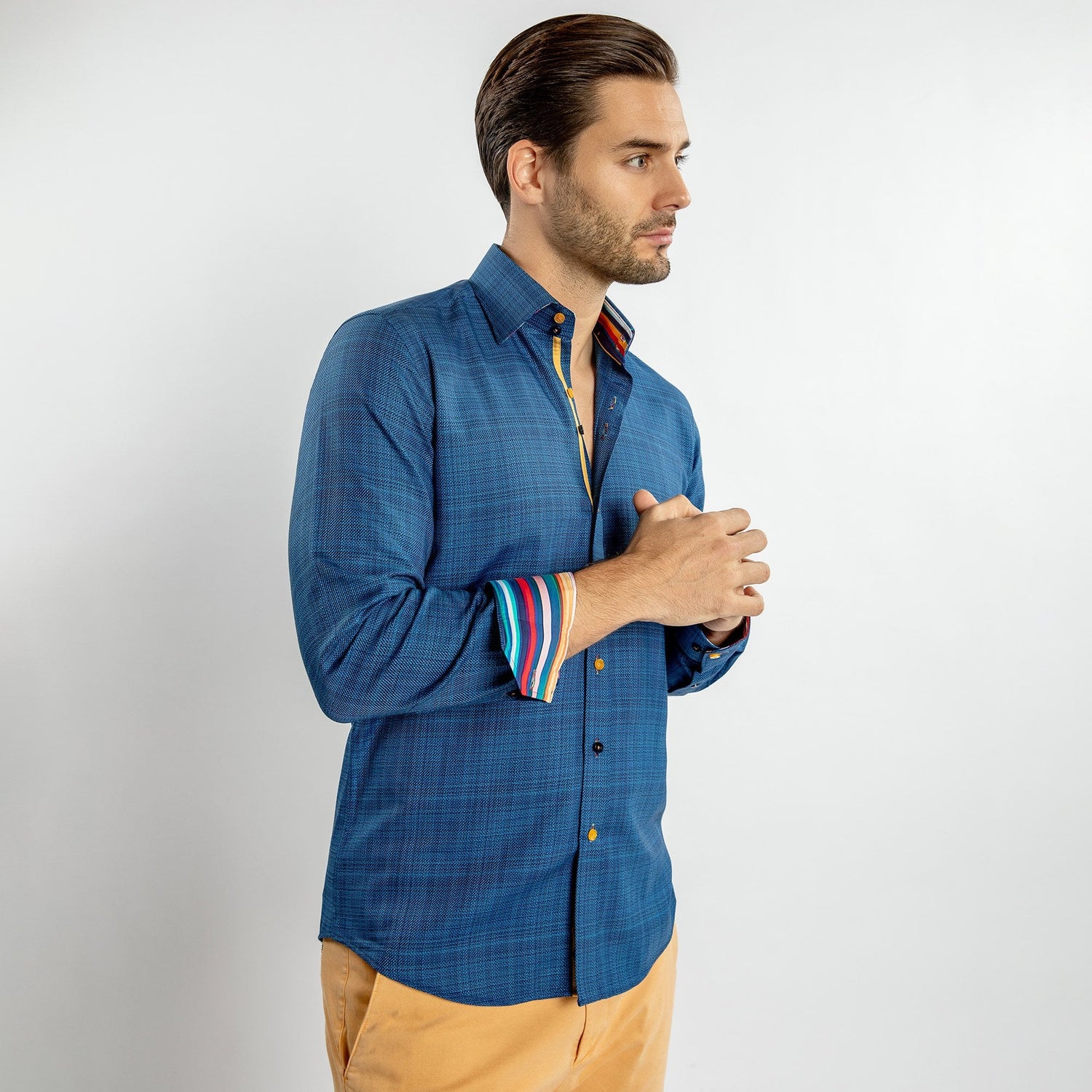 KNITTED  CLASSIC JACQUARD SHIRT WITH MULTICOLOURED STRIPE INSERT