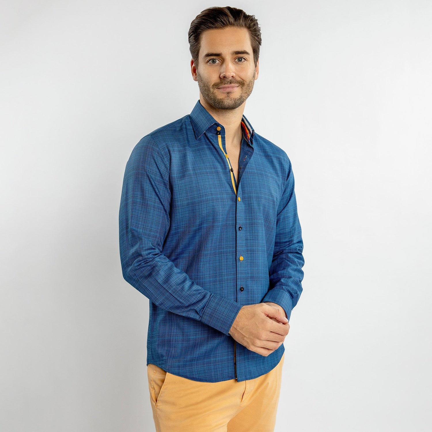 KNITTED  CLASSIC JACQUARD SHIRT WITH MULTICOLOURED STRIPE INSERT