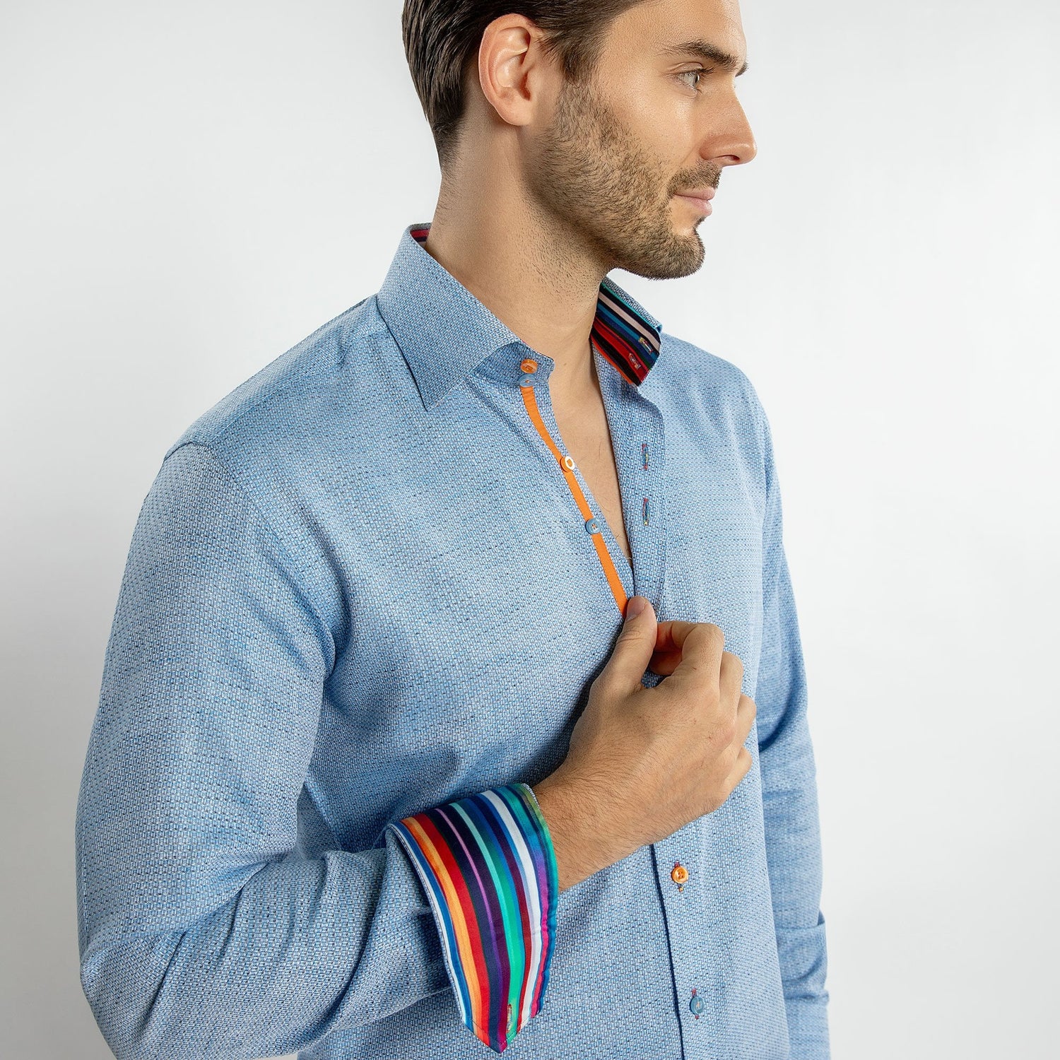 KNITTED  CLASSIC JACQUARD SHIRT WITH MULTICOLOURED STRIPE INSERT