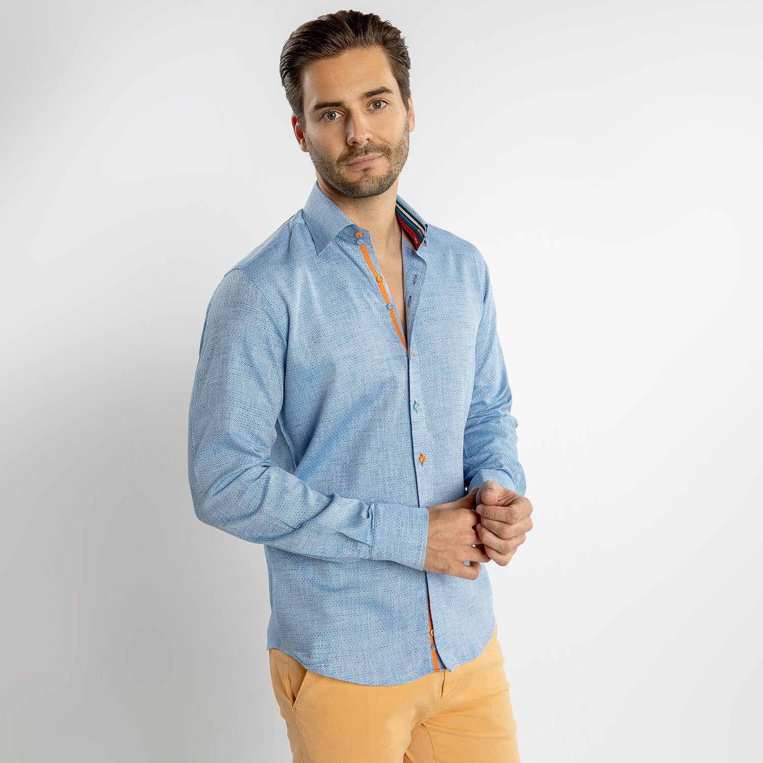 KNITTED  CLASSIC JACQUARD SHIRT WITH MULTICOLOURED STRIPE INSERT