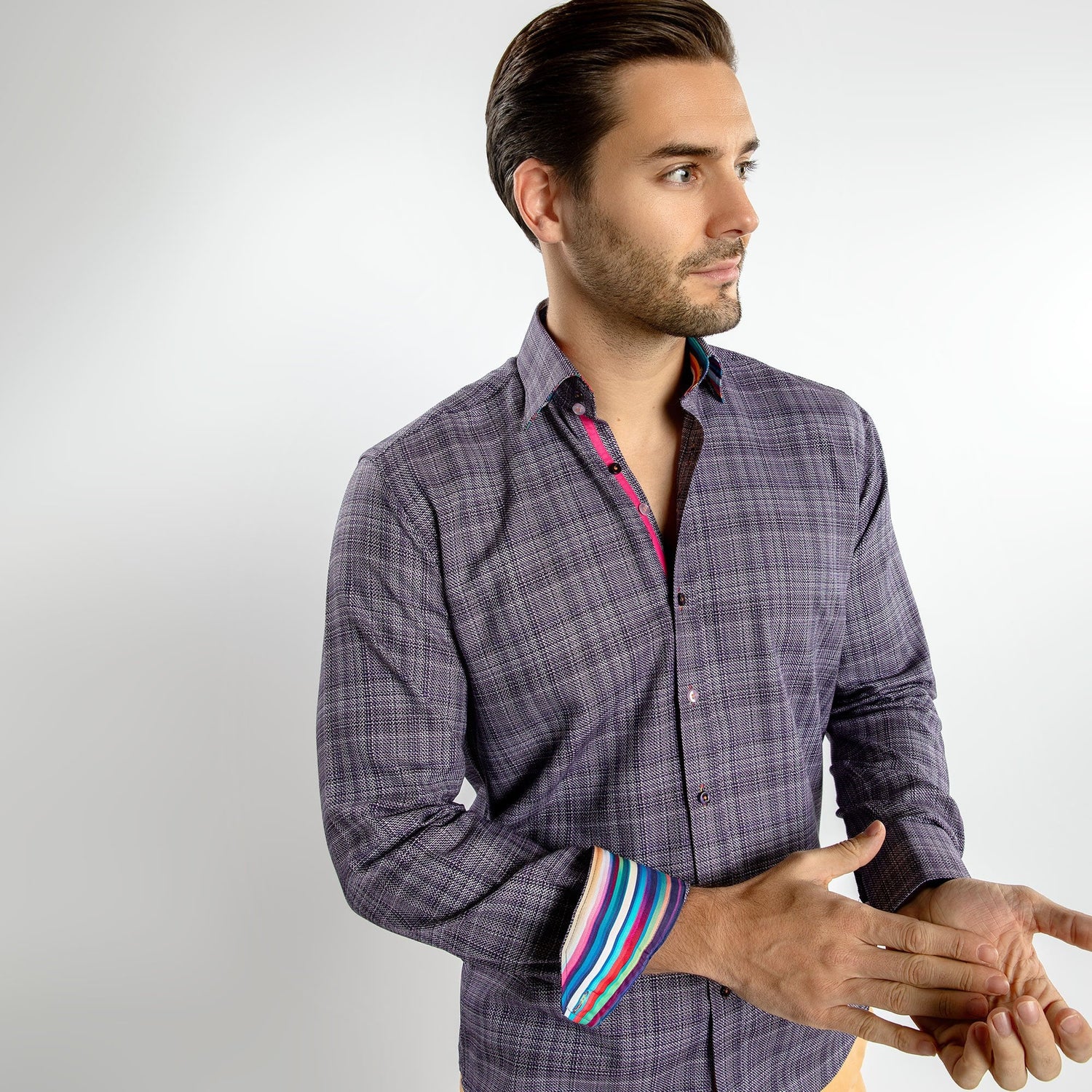 KNITTED  CLASSIC JACQUARD SHIRT WITH MULTICOLOURED STRIPE INSERT