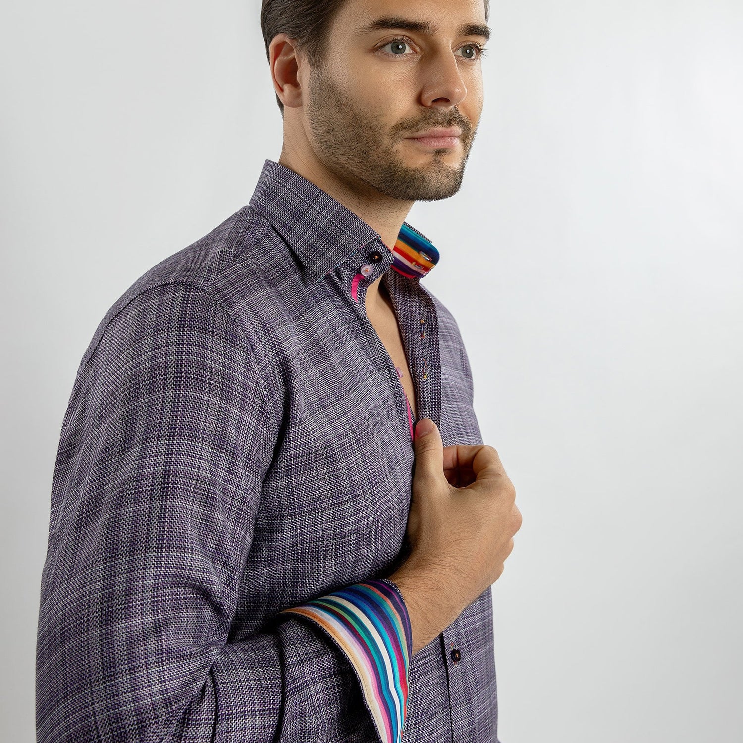 KNITTED  CLASSIC JACQUARD SHIRT WITH MULTICOLOURED STRIPE INSERT