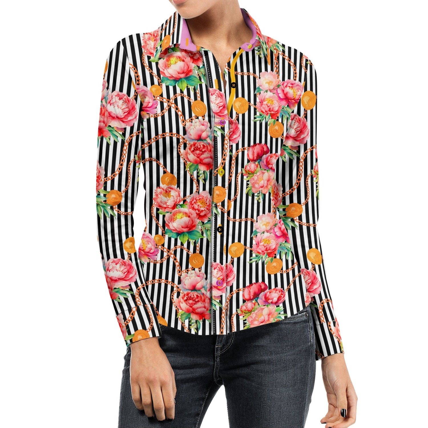 ETERNAL BLOOM STRIPE PINK PEONY WOMENS  PRINT SHIRT