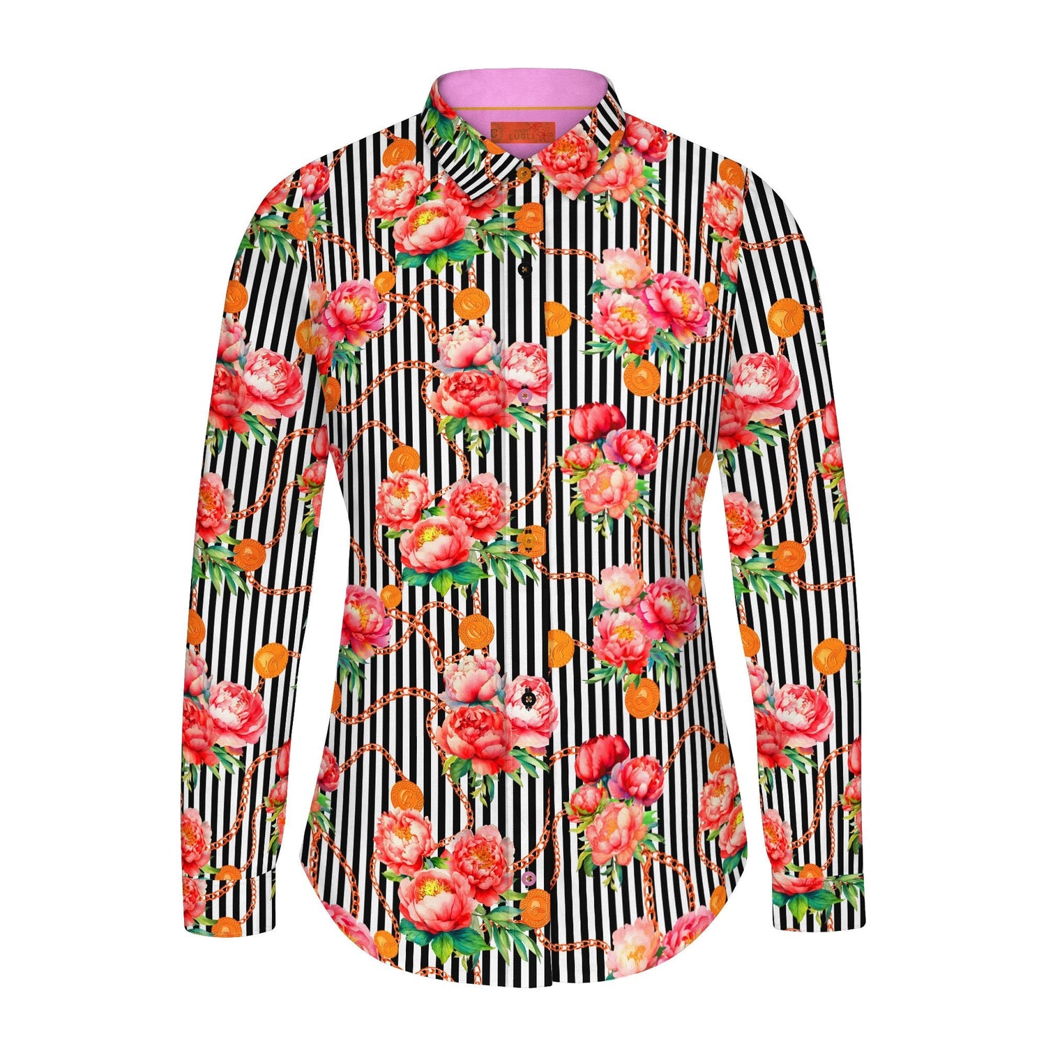 ETERNAL BLOOM STRIPE PINK PEONY WOMENS  PRINT SHIRT